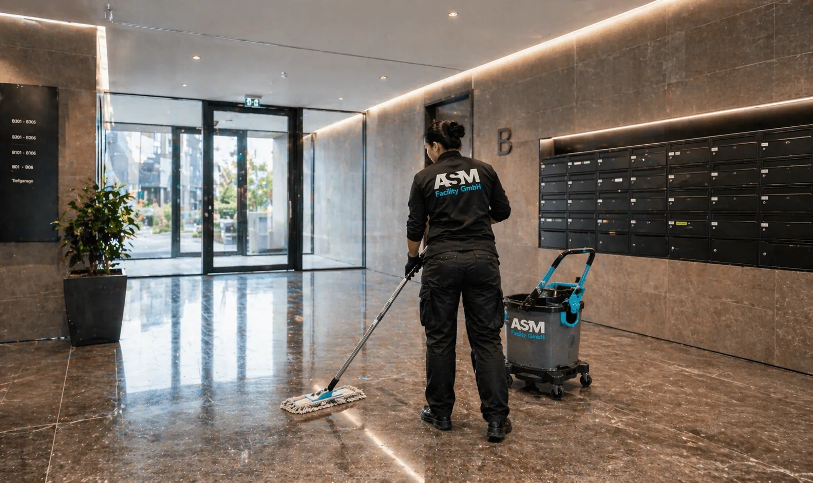 ASM Mitarbeiter reinigt eine Eingangshalle